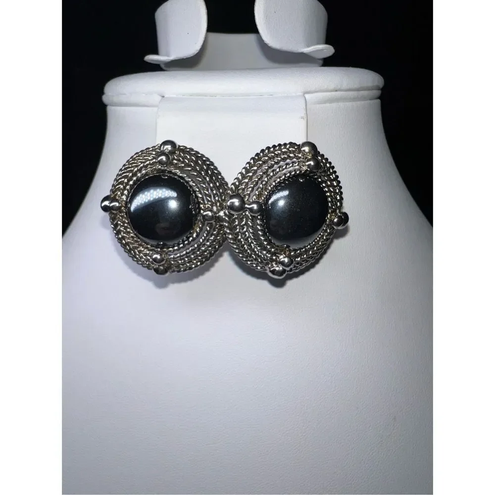 Vintage Silver Tone Rope Cabochon Chunky Stud Earrings